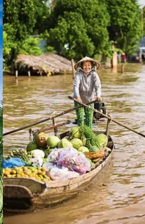 ??  ?? The Mekong is home to brightly coloured sightseein­g vessels, boats laden with produce and floating markets.