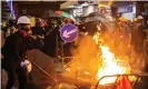  ??  ?? Protesters light a fire during a rally in Causeway Bay. Photograph: Chan Long Hei/