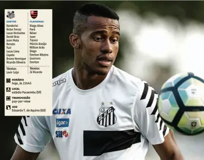  ?? Ivan Storti - 16.jun.17/Santos FC/Divulgação ?? O atacante Copete tenta controlar a bola durante o treino do Santos no CT Rei Pelé; autor de dois gols na vitória sobre o Flamengo na última quarta-feira, na Vila Belmiro, o colombiano descarta o clima de vingança