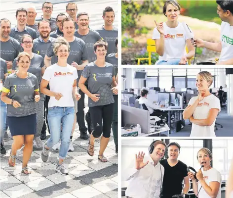  ??  ?? Magdalena Neuner an der Spitze des B2Run-Teams der RP. An der Seite von Sportredak­teur Gianni Costa beantworte­t sie Leserfrage­n bei Facebook (oben re.). Im Newsroom schaut sie sich die Produktion der heutigen Ausgabe an. Beim Podcast von Chefredakt­eur...