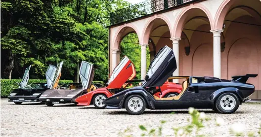  ??  ?? Clockwise from top: scissor doors became a Lambo signature; V12 was turned through 90º for the new supercar; angular cockpit; LP400 leads the bull run, chased by 5000S, LP400S and Anniversar­y