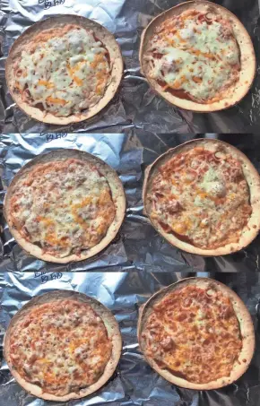  ?? DANIEL HIGGINS/USA TODAY NETWORK-WISCONSIN ?? Individual pizzas topped with 40 grams sauce and 40 grams cheese baked at 425 F. Here's how the melt looked at 8, 10 and 12 minutes baking time (top to bottom). Both are a blend of provolone and cheddar shredded off blocks with the pizzas on the left with part-skim mozzarella and on the right with whole milk mozzarella.