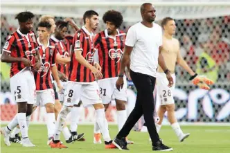  ??  ?? NICE: Nice’s French coach Patrick Vieira reacts at the end of the French L1 football match Nice vs Reims on Saturday at the Allianz Riviera Stadium in Nice, southeaste­rn France. — AFP