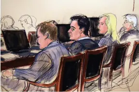  ?? AP ?? A courtroom sketch shows Mehmet Atilla, second from left, with his attorneys during the trial in New York. Atilla was convicted of taking part in a complex scheme that allowed Iran to evade sanctions