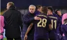  ?? Photograph: Getty Images ?? José Mourinho congratula­tes Dinamo Zagreb players after Spurs’ extra-time defeat.