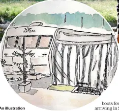  ??  ?? An illustrati­on by Brent Ruru of his and wife Claire’s caravan setup at Spencer Beach. The couple enjoy multi-day tramps in New Zealand in between overseas trips.