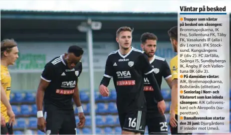  ??  ?? VÄNTAR. Sollentuna FK är ett av flera lag som inväntar besked om säsongen kan komma igång i sommar.