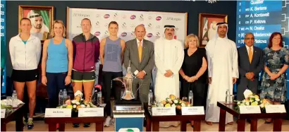  ?? Photo by Leslie Pableo ?? From left: Elise Mertens, Anastasia Pavlyuchen­kova, Kiki Bertens, Lucie Safarova, Colm McLoughlin, Salah Tahlak, Donna Kelso, Naser Yousef, Ramesh Cidambi and Senead El Sibai at the WTA draw at Dubai Duty-Free Tennis Stadium. —