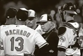  ?? PATRICK SEMANSKY/THE ASSOCIATED PRESS ?? Orioles manager Buck Showalter, second from right, stands on the mound with his players after pulling relief pitcher Miguel Castro during the ninth inning against the Indians on Wednesday in Baltimore.