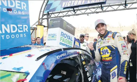  ?? BRIAN LAWDERMILK/GETTY IMAGES ?? Chase Elliott, 22, was the latest young driver in the spotlight with a win Sunday at Dover Internatio­nal Speedway.