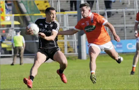  ??  ?? Sligo’s Neil Ewing in action with Ryan McShane of Armagh in Markievicz Park on Saturday. Pics: Carl Brennan.