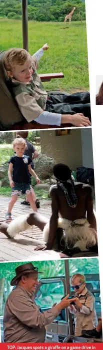  ??  ?? TOP: Jacques spots a giraffe on a game drive in the Natal Midlands. MIDDLE: Gabriella joined in a traditiona­l Zulu warrior dance at a lodge. ABOVE: Prince Albert shares something on his phone with son Jacques.