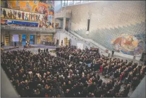  ?? The Associated Press ?? NOBEL PRIZE: Guests attend the Nobel Peace Prize Ceremony on Dec. 10, 2018, in Oslo Town Hall, Oslo. Dr. Denis Mukwege from Congo and Nadia Murad from Iraq will jointly receive the Nobel Peace Prize for their efforts to end the use of sexual violence as a weapon of war and armed conflict.