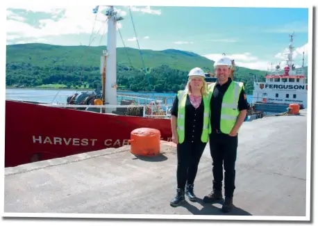  ??  ?? Left: On the quayside: Carol Mackinnon and Jack Ferguson Opposite: Family firm (from left to right): Alasdair Ferguson, Leslie Innes, Jill Ferguson, Carly Ferguson, Jodie Ferguson, Carhie Mackinnon, Kevin Ferguson and Christophe­r Innes