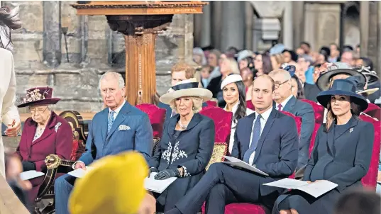  ??  ?? Meghan Markle sparkles in an Amanda Wakeley outfit and sits with the Royal family, above. Sir John Major, the former prime minister, below, was among those supporting the Queen