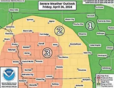  ?? NATIONAL WEATHER SERVICE ?? Most of central and western Iowa is at an enhanced (level 3) risk of severe weather on Friday.