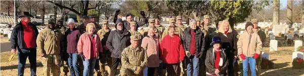  ?? Submitted photos ?? ■ The United States Daughters of 1812 and other volunteers, including the Arkansas National Guard, pick up nearly 3,000 wreaths from the graves of unknown soldiers after the Christmas holidays at Little Rock National Cemetery. The wreaths were carried to the curbs and then loaded into a truck by the National Guard for storage until next Christmas. Photos courtesy of Pat Mclemore and Randall Freeman.