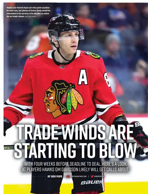  ?? MATT SLOCUM/AP ?? Hawks star Patrick Kane isn’t the point machine he once was, but plenty of teams likely would be interested in his services if he decides to waive his no-trade clause.