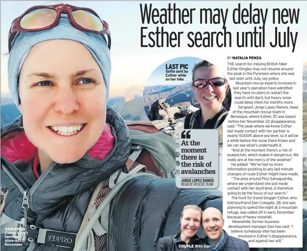  ??  ?? VANISHED Esther hasn’t been seen since last November
LAST PIC Selfie sent by Esther while on her hike
COUPLE With Dan