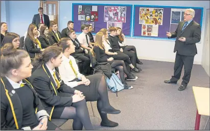  ??  ?? Glasgow City Council Leader Frank McAveety meets the pupils of Eastbank Academy Picture: Mark Gibson