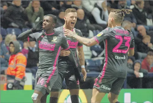  ?? PICTURE: BRUCE ROLLINSON ?? EQUALISER: Substitute Eddie Nketiah, left, celebrates scoring Leeds United’s late equaliser at Deepdale to earn a 1-1 draw with Preston North End.