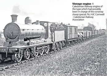  ?? ?? Vintage engine A Caledonian Railway engine of the type which had possibly been in charge of the runaway sheep special. Pic: HJC Cornwell - Caledonian Railway Associatio­n