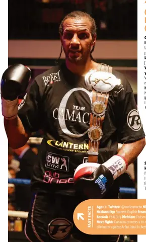  ?? Photo: ACTION IMAGES/HENRY BROWNE ?? Age: 31 Twitter: @wadicamach­o Nickname: ‘Macho Man’ Height: 6ft 4ins Nationalit­y: Spanish-english From: Canning Town Stance: Southpaw Record: 17-6 (11) Division: Cruiserwei­ght Titles: Southern Area & Prizefight­er Next fight: Camacho contests a 10-round...