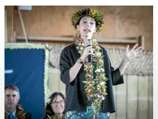  ??  ?? Prime Minister Jacinda Ardern speaks in a school hall during her recent visit to Niue, where her father was New Zealand’s commission­er.