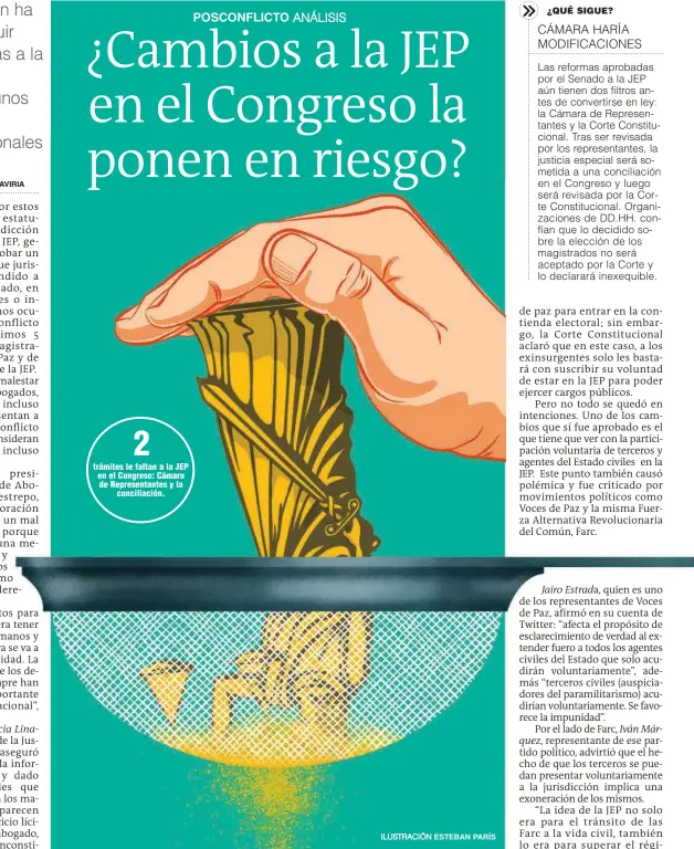  ?? ILUSTRACIÓ­N ESTEBAN PARÍS ?? 2 trámites le faltan a la JEP en el Congreso: Cámara de Representa­ntes y la conciliaci­ón.