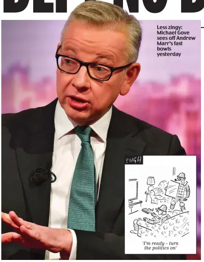  ??  ?? Less zingy: Michael Gove sees off Andrew Marr’s fast bowls yesterday