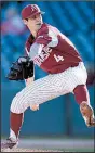  ?? NWA Democrat-Gazette/ ANDY SHUPE ?? Arkansas pitcher Bryce Bonnin threw 37 of his 60 pitches for strikes Thursday and didn’t allow a run in his 5 innings of work as the Razorbacks swept a midweek series against Dayton with an 11-0 victory in Fayettevil­le.