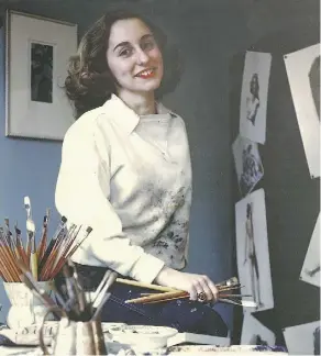  ??  ?? A janitor who remarked on her ditched portfolio helped Gloria Stoll Karn, shown in her New York studio in 1945, continue her illustrati­ons.