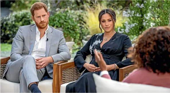  ?? AP ?? The Duke and Duchess of Sussex talk with Oprah Winfrey for the show Oprah with Meghan and Harry: A CBS Primetime Special. The couple used the tell-all interview to announce their next child would be a girl.