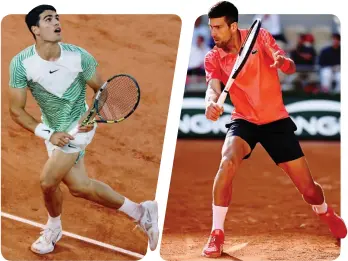  ?? GETTY ?? Carlos Alcaraz (20 anni) e Nole Djokovic (36 anni): oggi attesa semifinale a Parigi