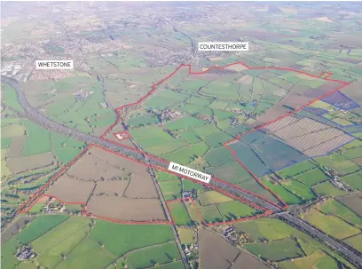  ?? GOOGLE ?? SCHEME: The area outlined for the new village either side of the M1, centred on Whetstone Pastures Farm