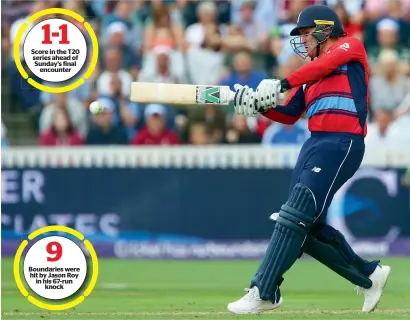  ?? AFP ?? Score in the T20 series ahead of Sunday’s final encounter Boundaries were hit by Jason Roy in his 67-run knock England batsman Jason Roy was in superb form before he became the first player to be given out obstructin­g the field in T20I — 1-1 9