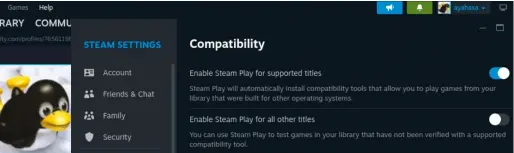  ?? ?? Steam Play is enabled by default on Linux for supported titles, but flip this switch if you want to try it on others.