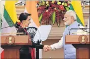  ?? PTI ?? PM Modi and Myanmar state counsellor, foreign minister Aung San Suu Kyi after their joint press statement in New Delhi on Wednesday.