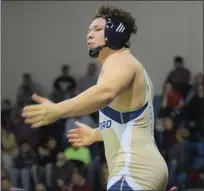  ?? AUSTIN HERTZOG - MEDIANEWS GROUP ?? Spring-Ford’s Louis Carbajal reacts after his pin at 220 pounds against Owen J. Roberts Wednesday.