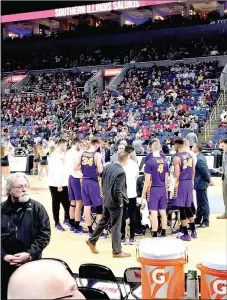  ?? SUBMITTED PHOTO ?? Northern Iowa huddles up during the annual Missouri Valley Conference men’s basketball tournament known as “Arch Madness.” Former Lincoln star Shandon “Biggie” Goldman was part of a team that finished second in the tournament in 2019; one win short of an automatic bid to the NCAA tournament.