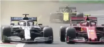  ??  ?? CONTROVERS­Y: Leclerc gives Hamilton the elbow on lap 23 and celebrates, with his British rival third