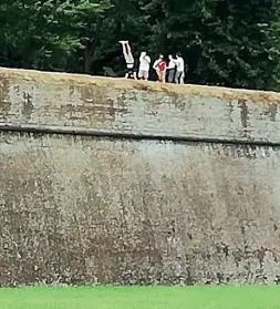  ??  ?? Sul web L’immagine che sta facendo il giro dei gruppi social dedicati a Lucca: un gruppo di amici cammina sul bordo delle Mura, uno di loro fa anche la verticale