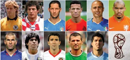  ?? — AFP ?? ( Top row) West Germany goalkeeper Toni Schumacher, Croatia defender Slaven Bilic, Italy defender Marco Materazzi, The Netherland­s defender Khalid Boulahrouz, Italy defender Fabio Cannavaro and The Netherland midfielder Nigel de Jong. ( Bottom row)...