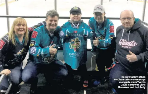  ??  ?? Hockey family: Ethan Mcclean takes centre stage alongside mum Yvette,
David Harrower, Chris Harrower and dad Andy