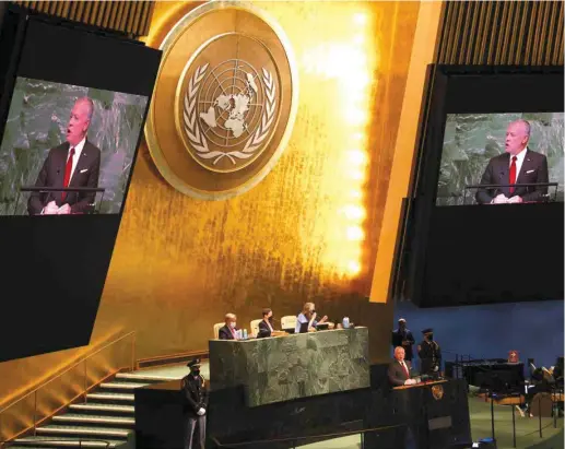  ?? (Michael M. Santiago/Getty Images) ?? SPREADING A blood libel. King of Jordan Abdullah II speaks at the 77th session of the United Nations General Assembly, last week.