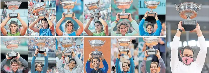  ?? AFP ?? Según pasan los años. Y los peinados, pero siempre con Nadal y la Copa. Rafa ganó las ediciones 2005, 2006, 2007, 2008, 2010, 2011, 2012, 2013, 2014, 2017, 2018, 2019 y 2020.