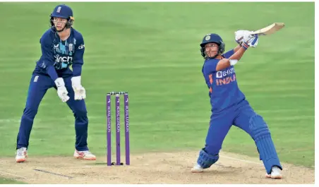  ?? GETTY IMAGES ?? Harman unstoppabl­e: Skipper Harmanpree­t Kaur followed up her 74 from the first ODI with a belligeren­t 143 — the second-highest ODI individual score among Indian women — in the second ODI in Coventry. Kaur’s innings was laced with 18 fours and four sixes and handed India an 88-run win while defending its second-biggest ODI total (333/4).