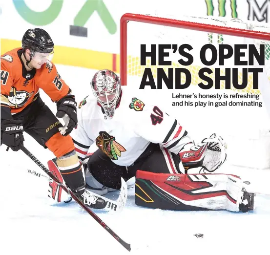  ?? KELVIN KUO/AP ?? Blackhawks goalie Robin Lehner, keeping his eyes on the puck Sunday against the Ducks, entered Monday with the third-best save percentage in the league.