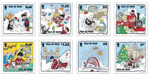  ??  ?? ‘UNIQUE FESTIVE COLLECTION’: A glimpse of some of the stamps with Dennis and Gnasher in the set created with Isle of Man Post Office