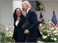  ?? (AP/Evan Vucci) ?? President Joe Biden leaves a news conference Thursday with Vice President Kamala Harris after announcing the change in mask guidelines and encouragin­g more Americans to get vaccinated.